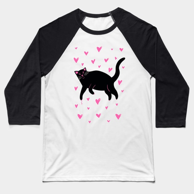 Cute black cat with hearts . Valentine illustration Baseball T-Shirt by WeirdyTales